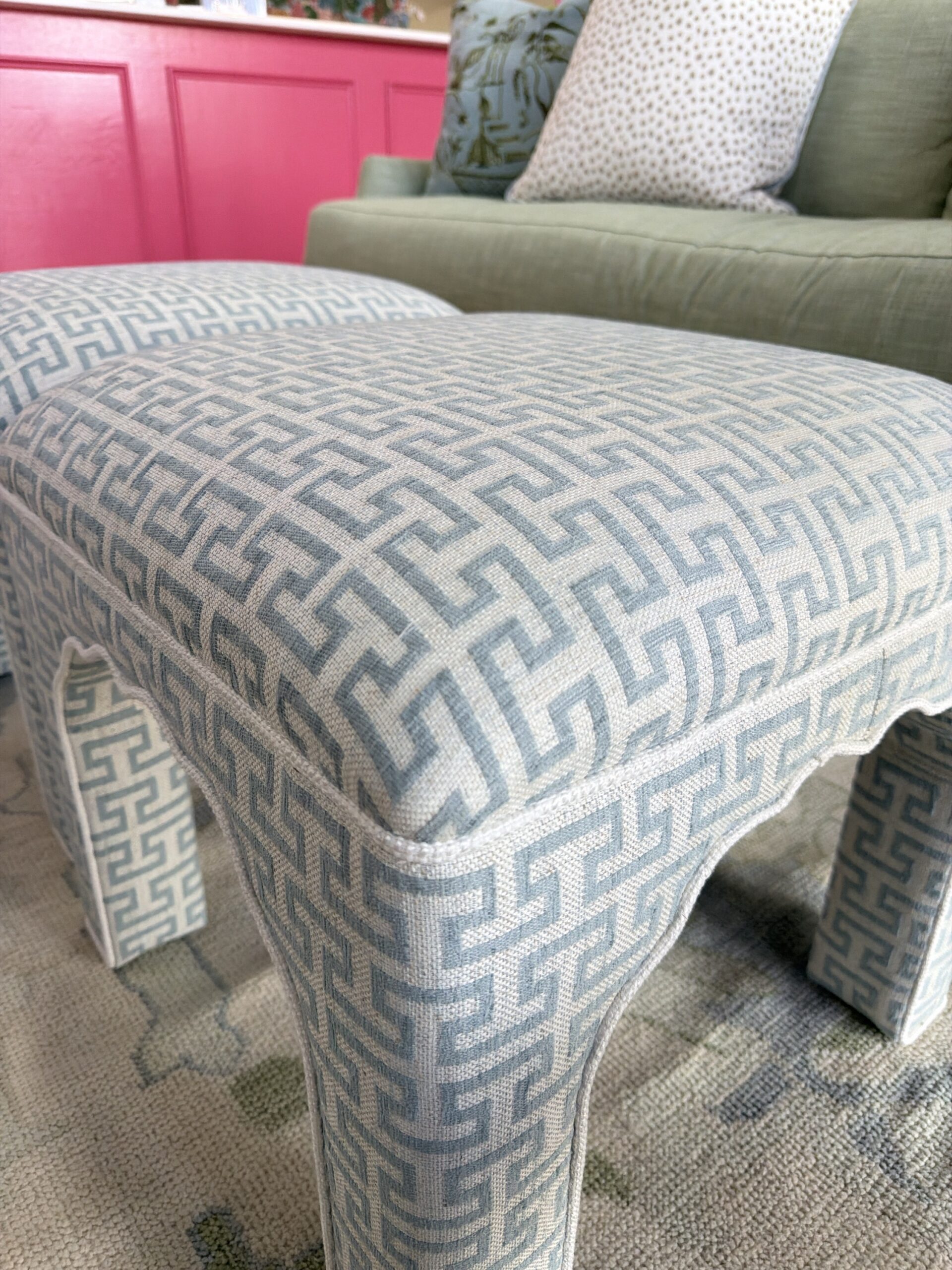 Pavon ottoman set in a stunning blue Greek key & white welting - Image 2