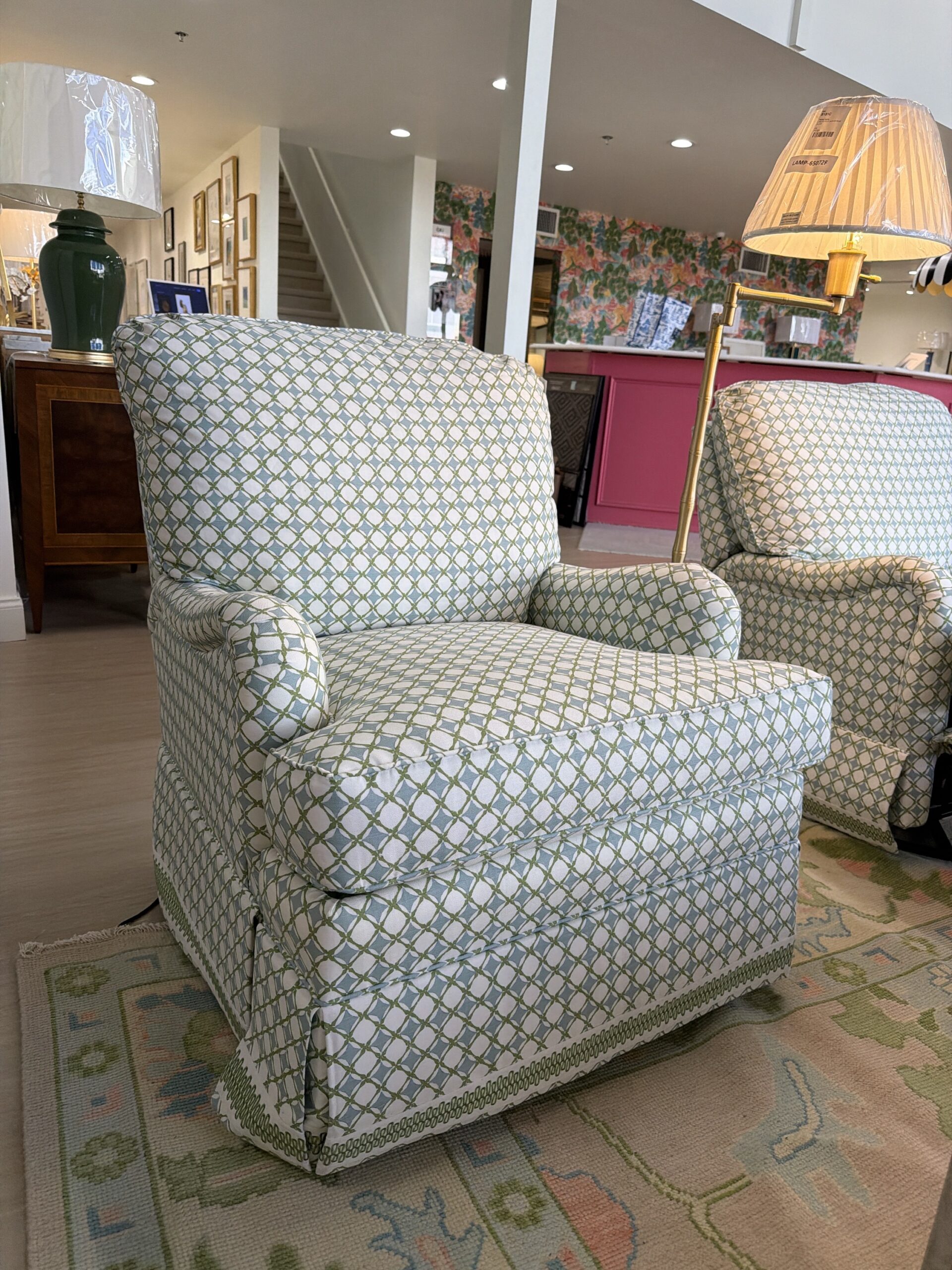 Electric swivel rock and recline covered in green blue diamond team with green trim $3600 each - Image 2