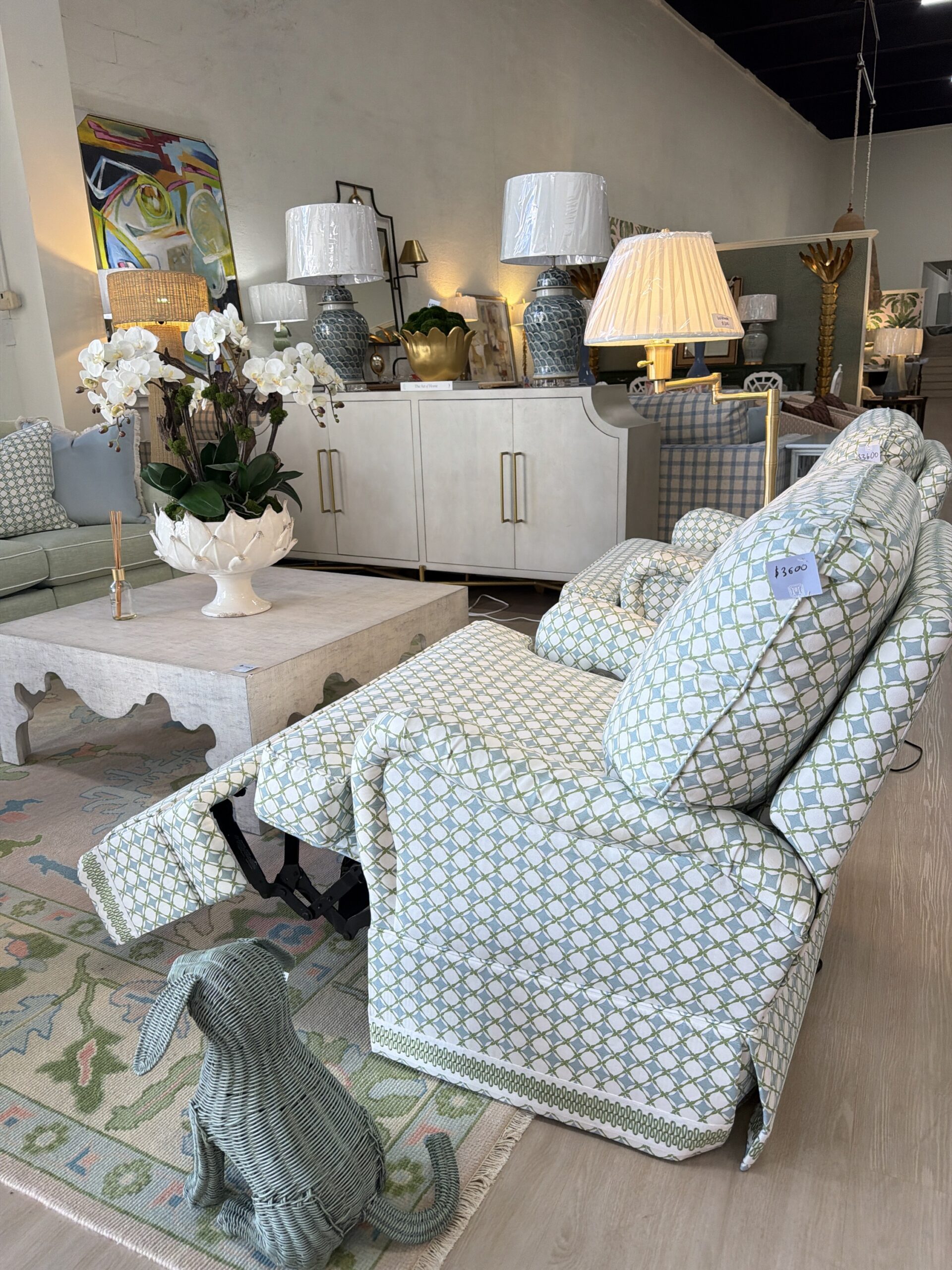 Electric swivel rock and recline covered in green blue diamond team with green trim $3600 each - Image 5