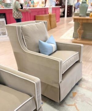 Lindi swivel glider set covered in performance velvet banks organza