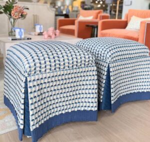 Skirted cube ottoman set! Covered in Sinclair oceanic with blue tape trim