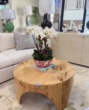 Round burlwood coffee table