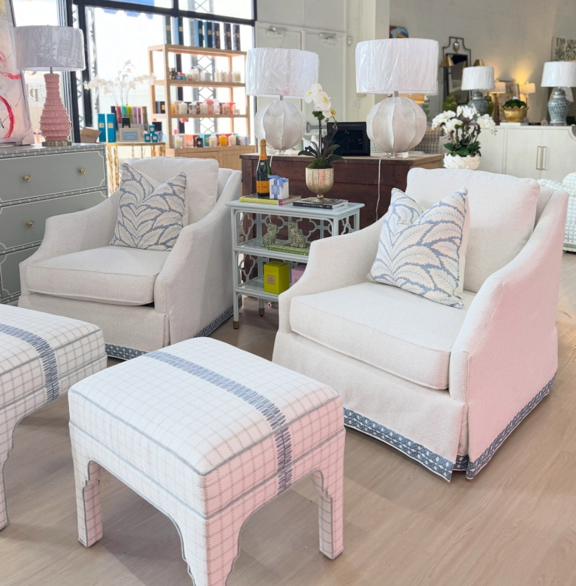 Swivel chair set covered in peace of mind cloud with blue tape trim