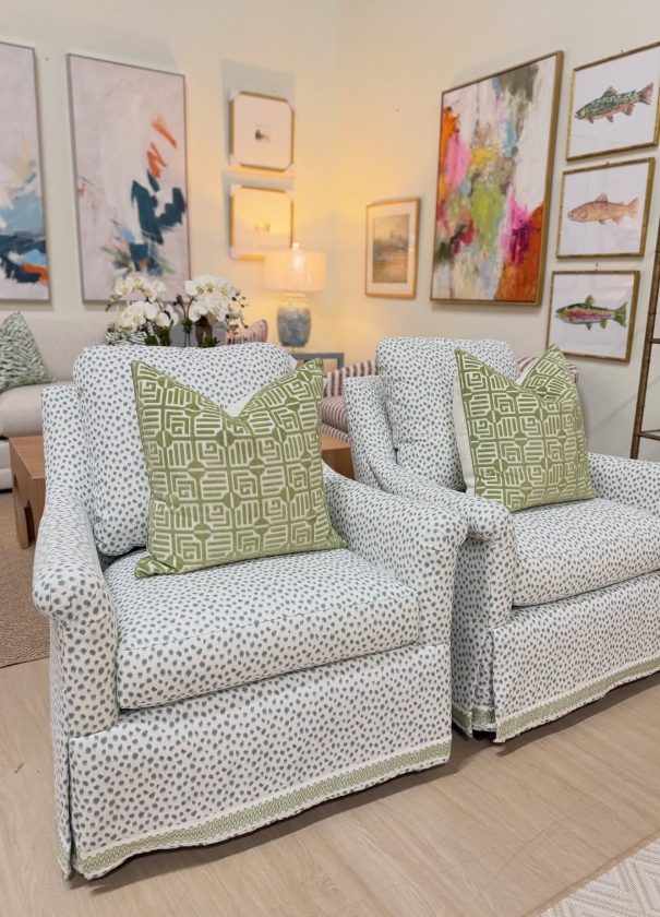 1755 Stationary chairs covered in blue spotted jag with green tape trim