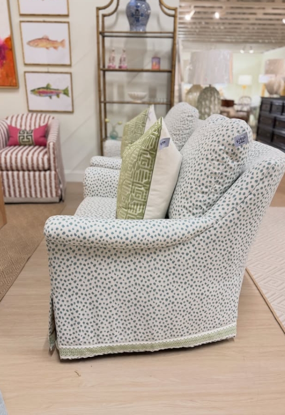 1755 Stationary chairs covered in blue spotted jag with green tape trim - Image 2