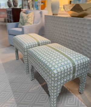 Sherrill Ottoman set in a beautiful blue and green print with green trim topper!