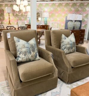 Jocelyn swivel glider set covered in performance coco nib!