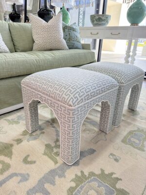 Pavon ottoman set in a stunning blue Greek key & white welting