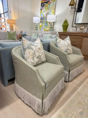 Conway swivel chair set covered in garwoodmoss with luxe bullion trim! These are spot clean! Set of 2