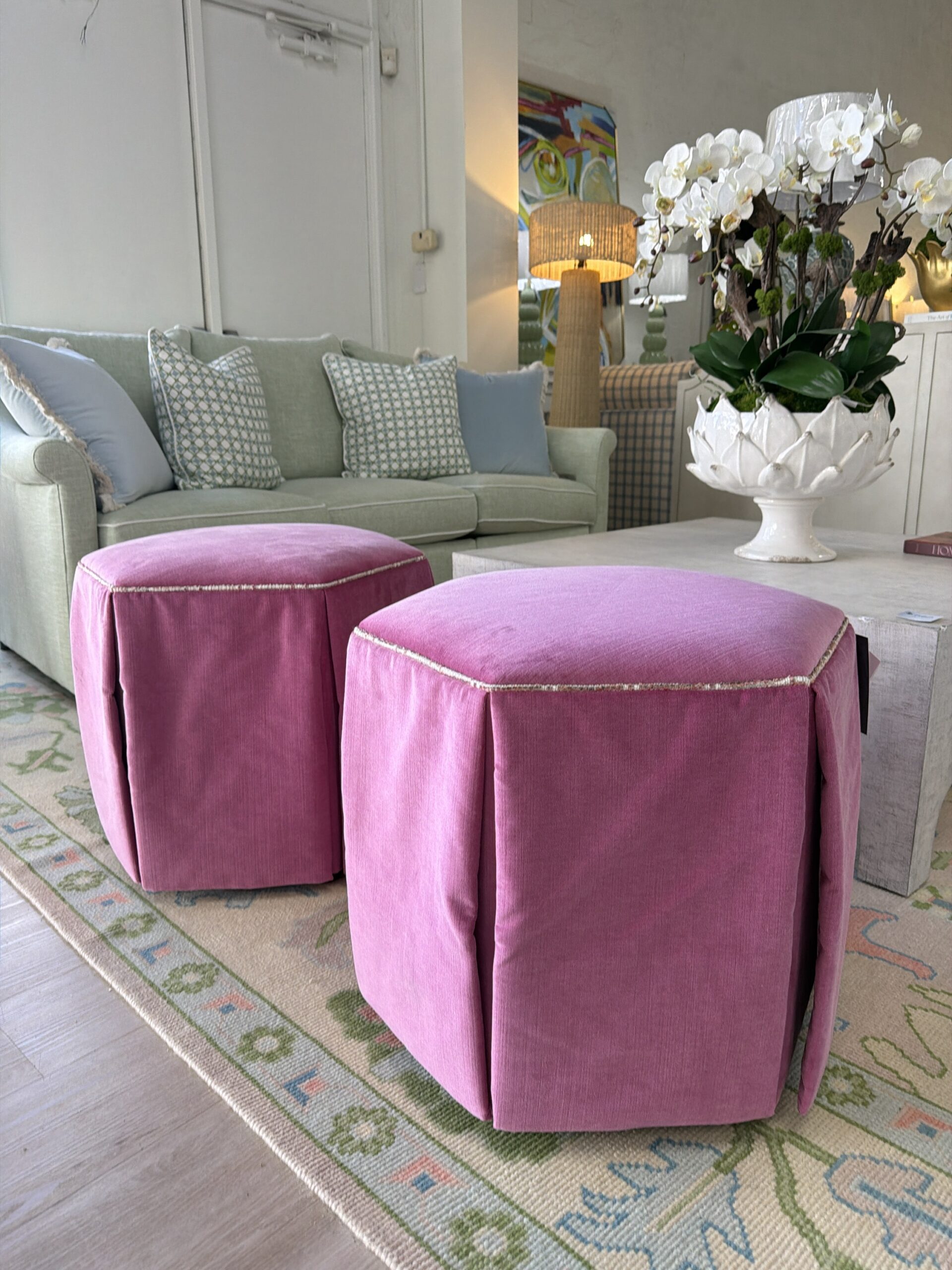 Set of hexagon ottoman set covered in Tasha berry with a fun textured welt - Image 3