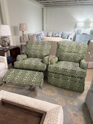 Electric swivel rock and recline covered in green blue diamond team with green trim $3600 each - sold as a set-