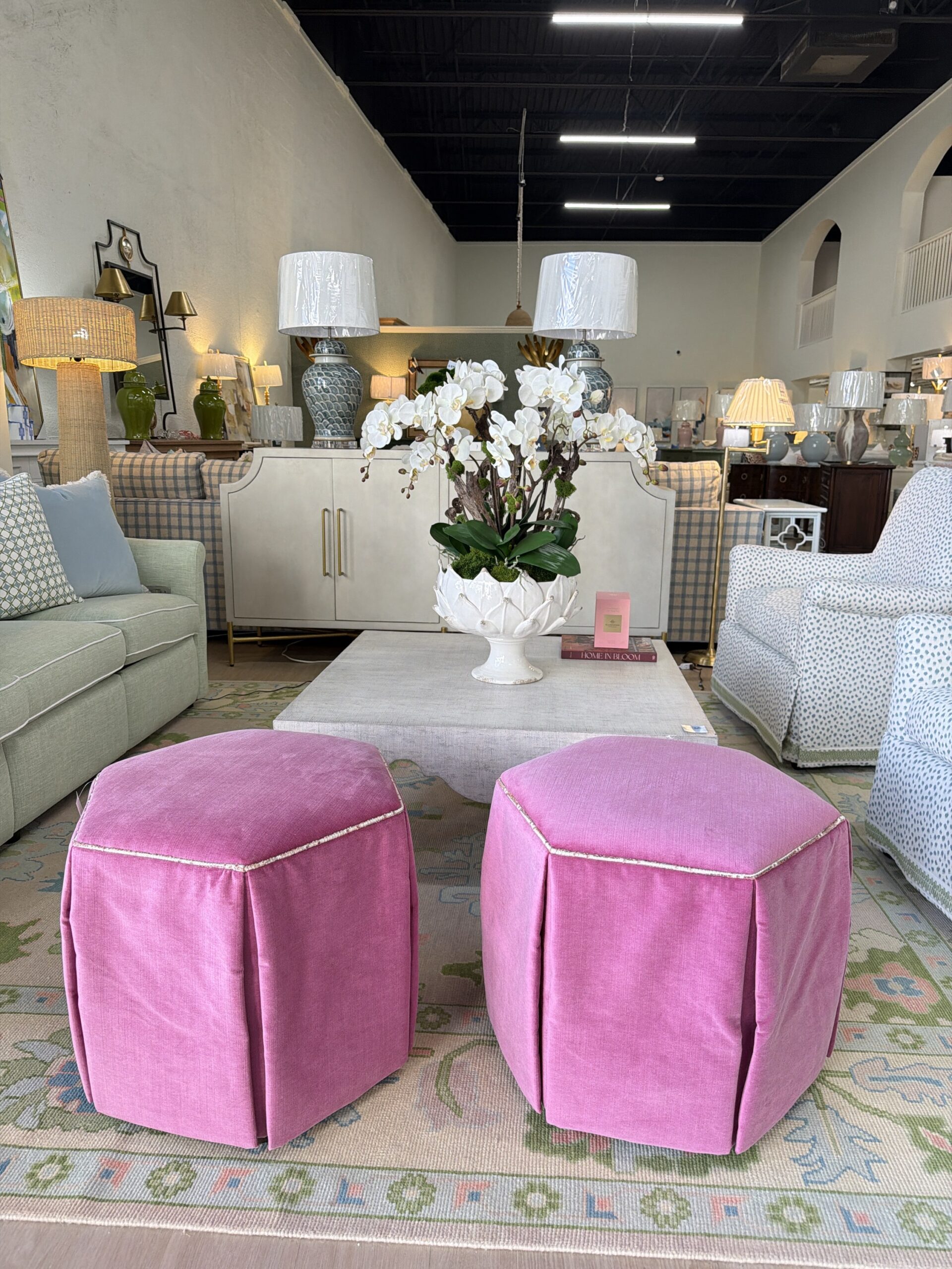 Set of hexagon ottoman set covered in Tasha berry with a fun textured welt - Image 2