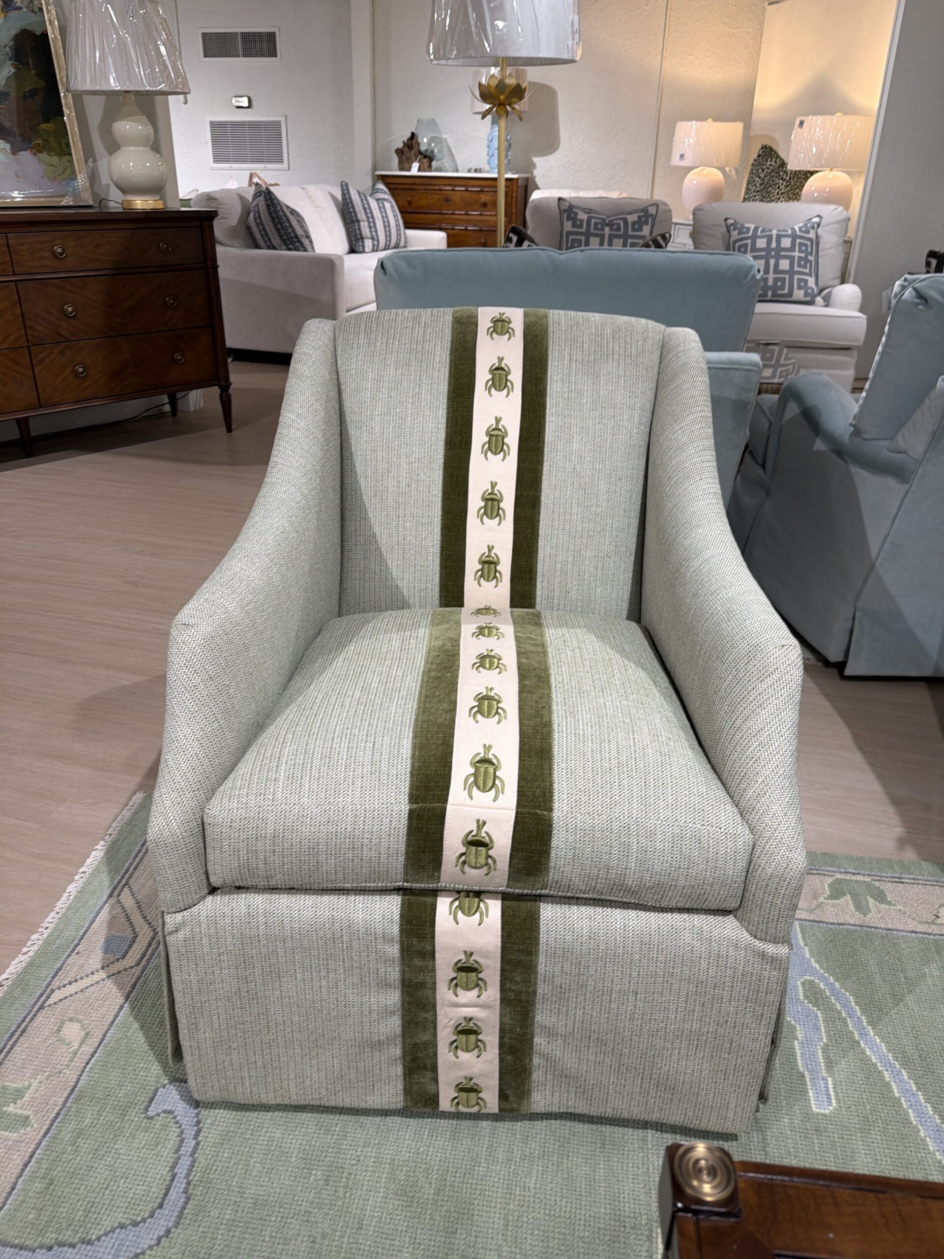 Wesley hall swivel chair set covered in moss green with beetle trim! These are spot clean ! - Image 4