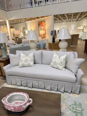 Wesley hall Cassion sofa covered in houndstooth mist! This sofa is spot clean!