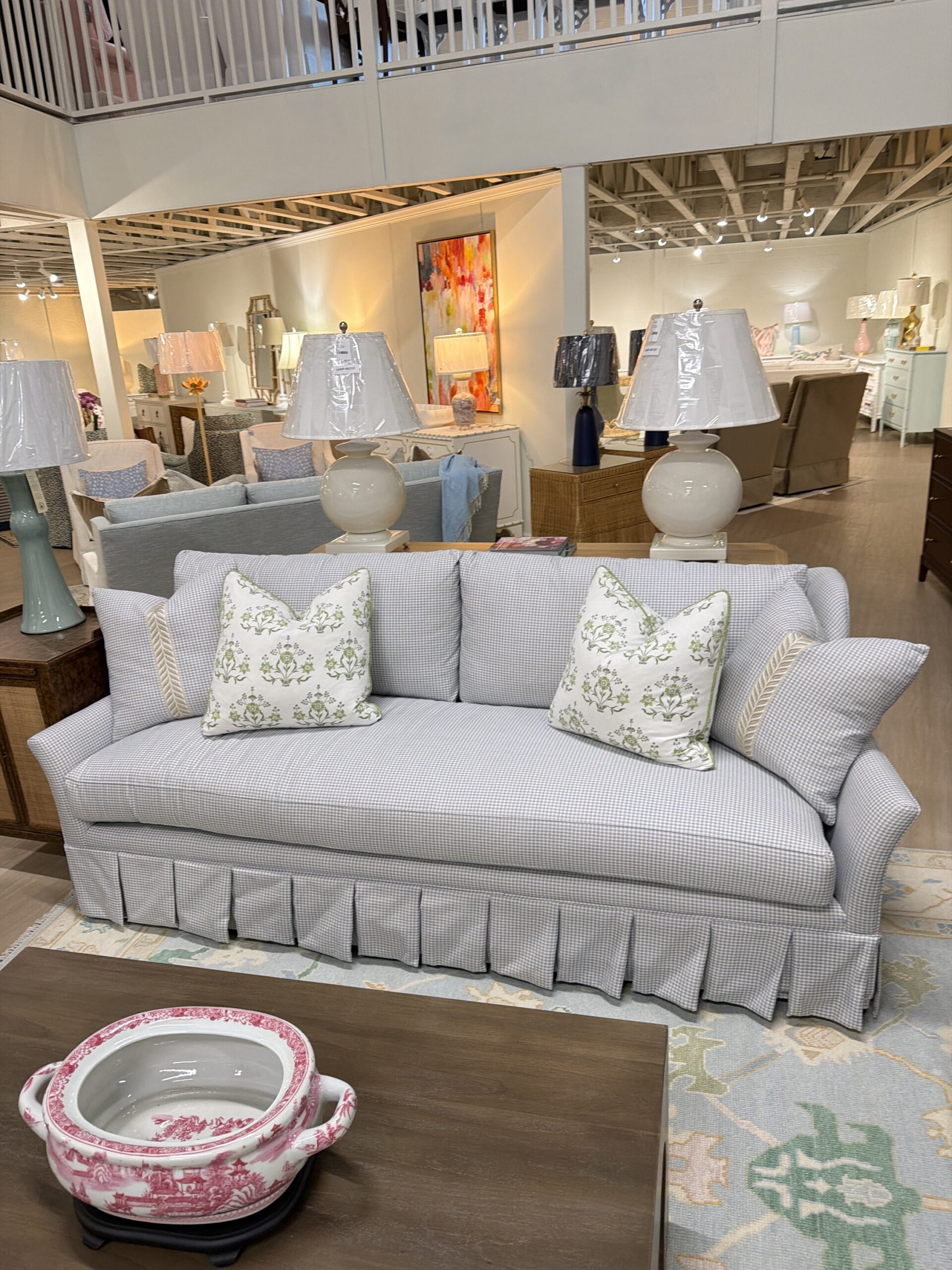 Wesley hall Cassion sofa covered in houndstooth mist! This sofa is spot clean!