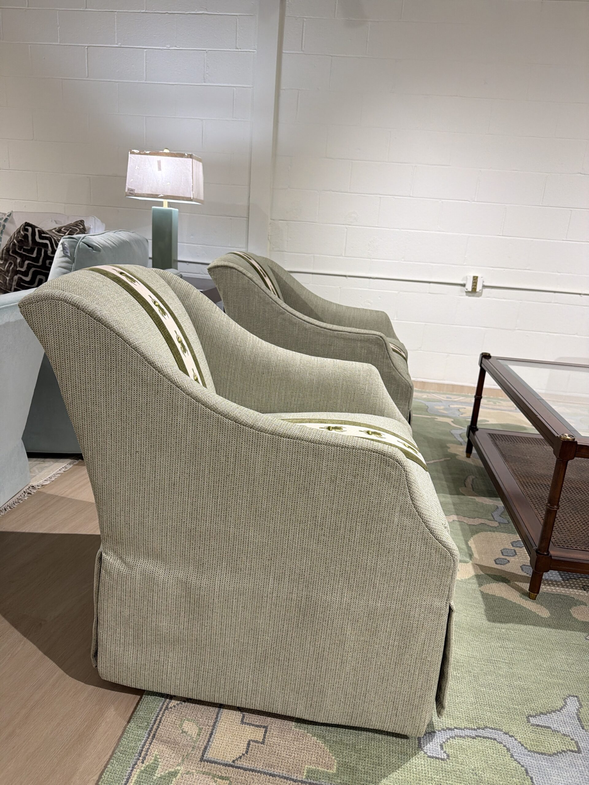 Wesley hall swivel chair set covered in moss green with beetle trim! These are spot clean ! - Image 3