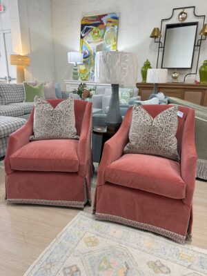 Wesley hall swivel chair set covered in Katie guava with tape trim! These are spot clean !