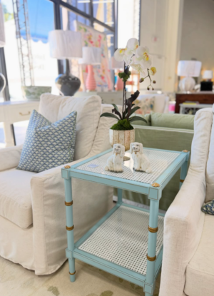 NEW | blue & white cane side table
