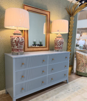 New! Blue 6 drawer reeded dresser with gold knobs
