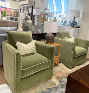 NEW | CRLAINE miles swivel chair set covered in heather moss with white welt - spot clean