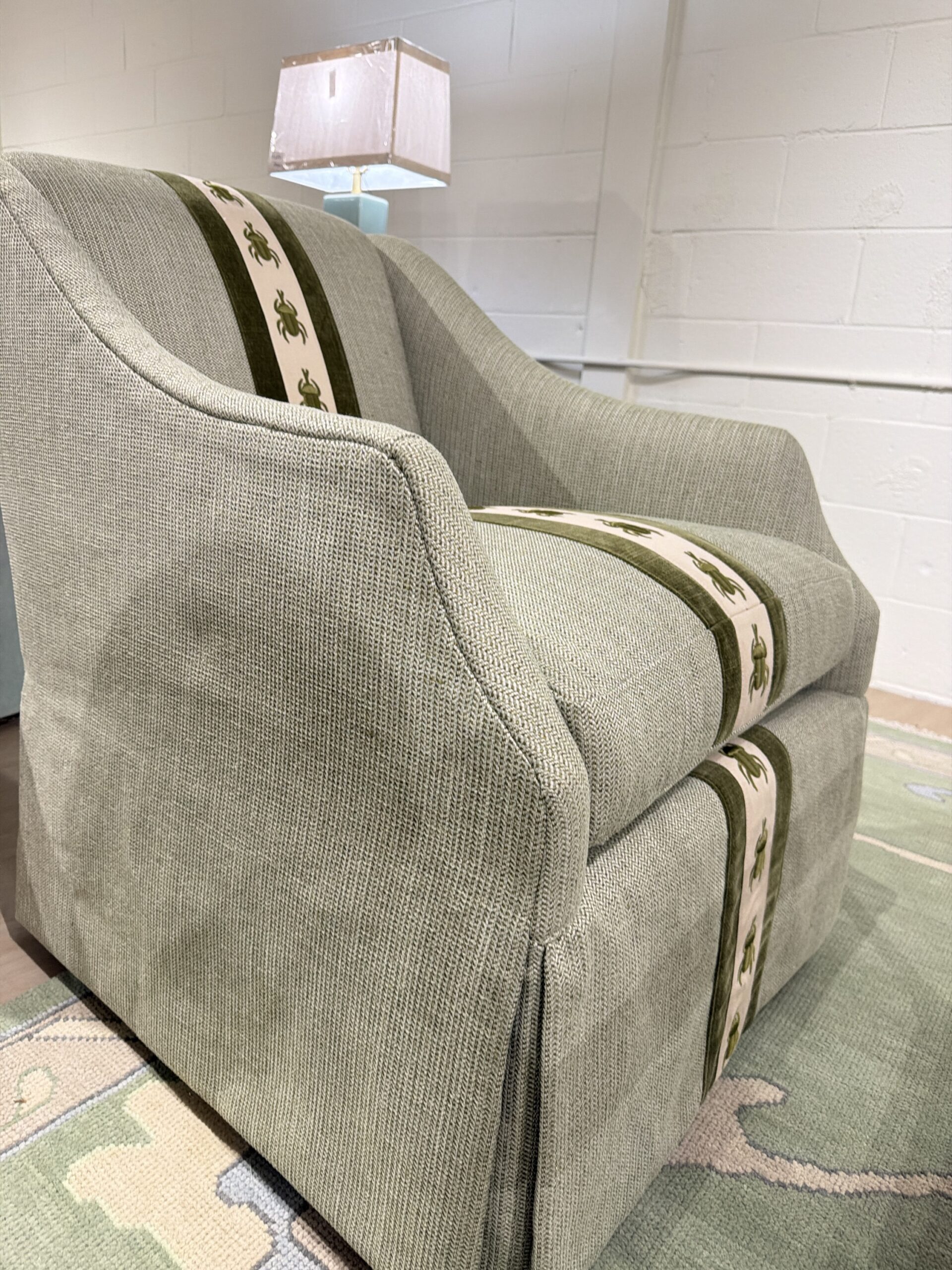 Wesley hall swivel chair set covered in moss green with beetle trim! These are spot clean ! - Image 2