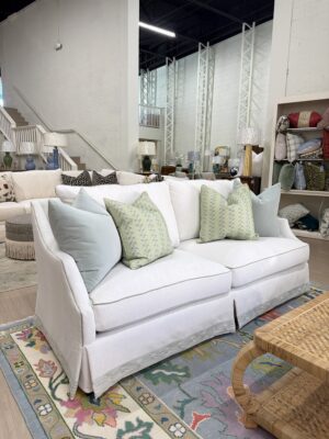 Sherill 2 over 2 sofa covered in performance fabric queen bea snow with banks meadow welt & tape trim!