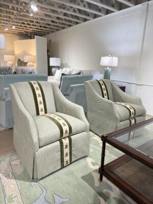 Wesley hall swivel chair set covered in moss green with beetle trim! These are spot clean !