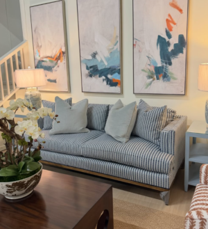 NEW | 2 over 2 sofa covered in insideout fabric summer indigo