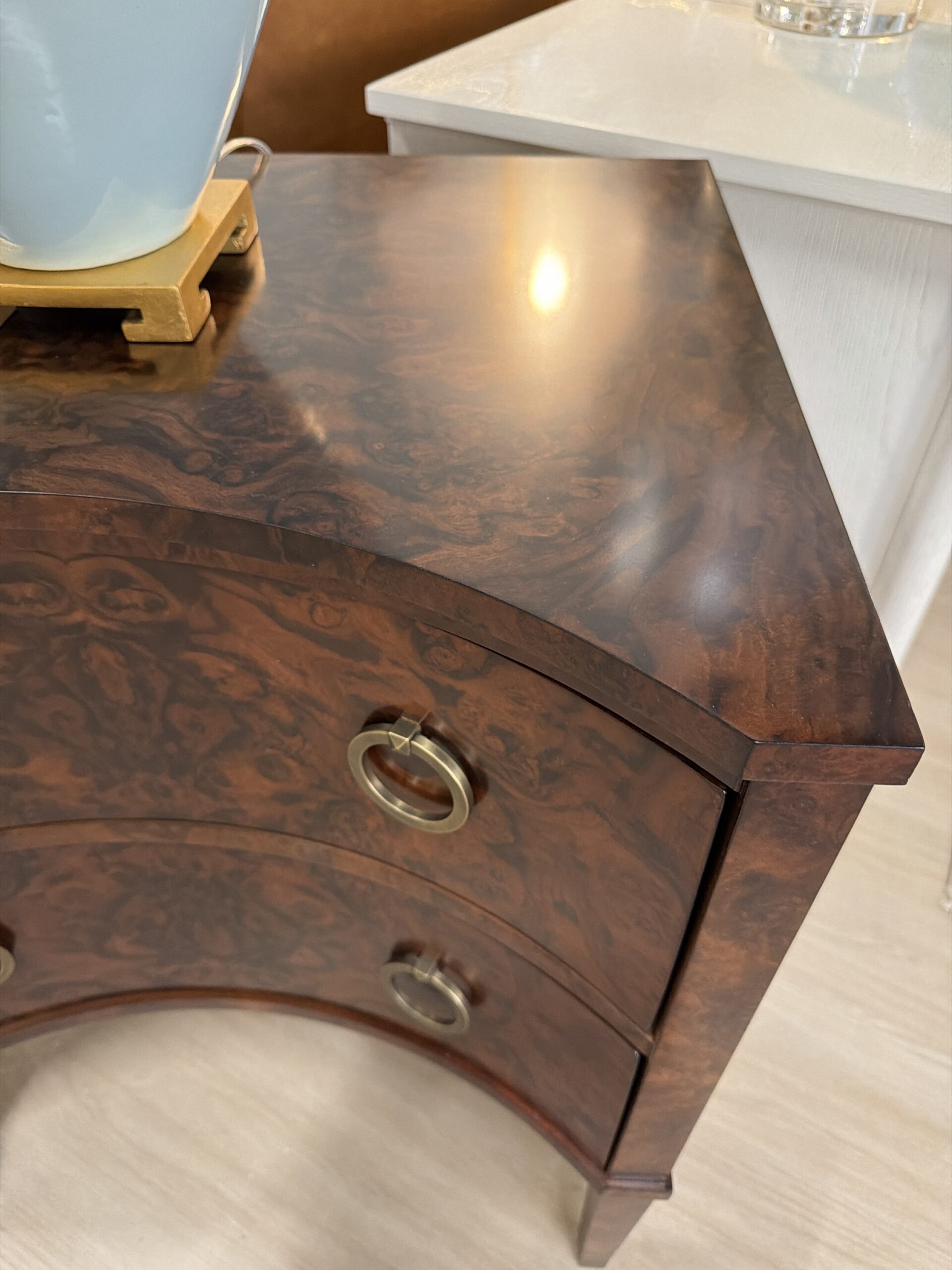 Curved two drawer light Burl night stand set dark - Image 3