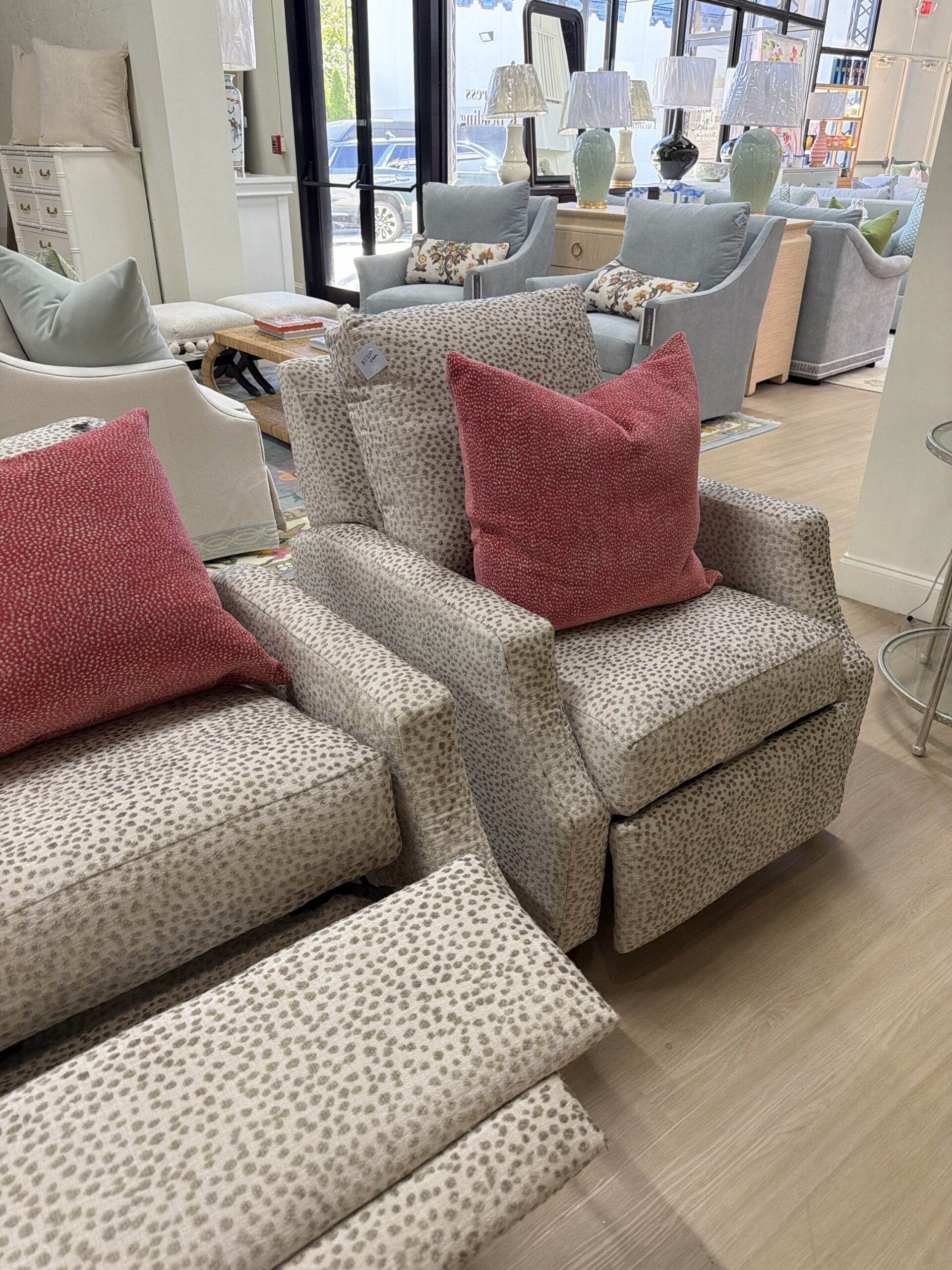Push back recliner in Lizzie parchment fabric! Spot clean $2200 each - sold as a set - Image 4