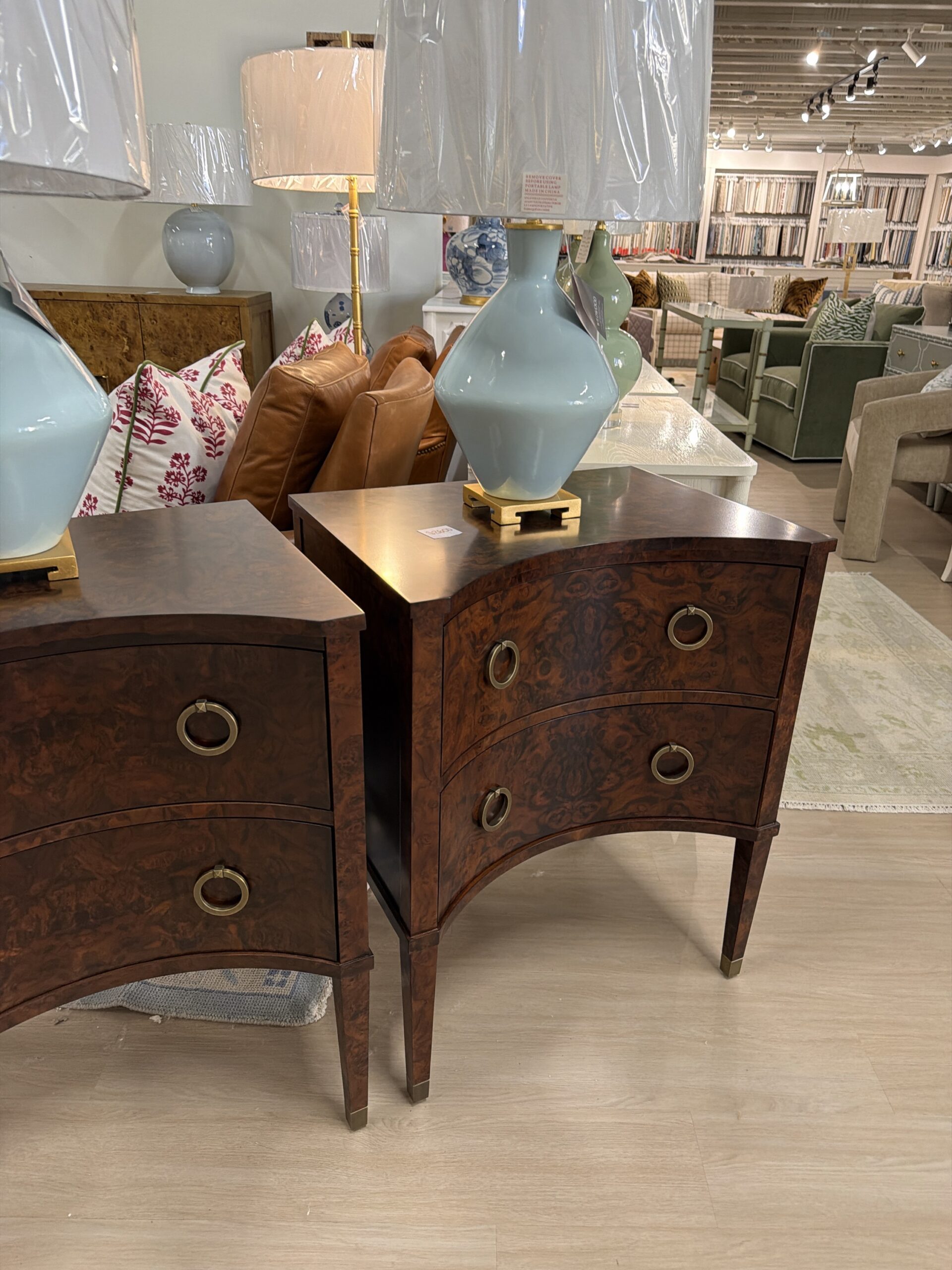 Curved two drawer light Burl night stand set dark - Image 4