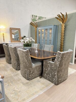 6 piece CC dining chair set! 4 armless / 2 with arms covered in performance velvet, Banks mineral contrasting in Ferngully Aloe! These are sold as set! $1700 each