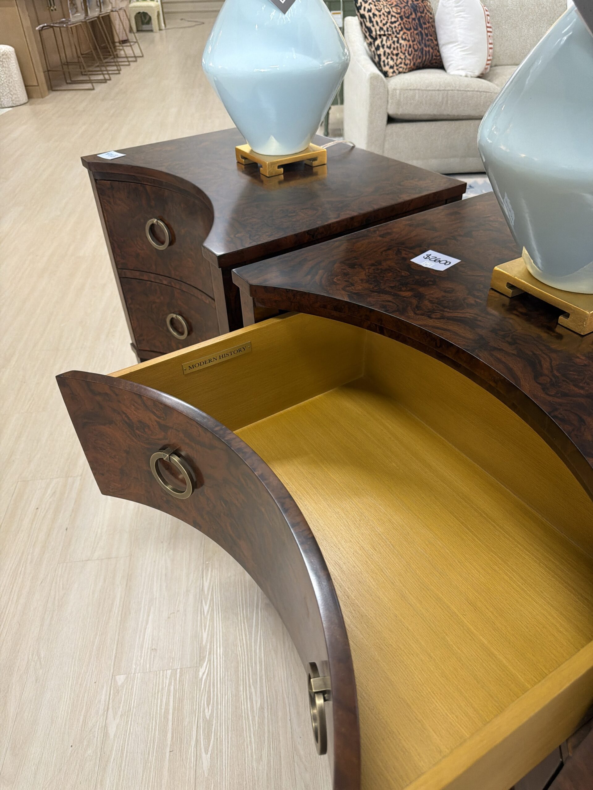 Curved two drawer light Burl night stand set dark - Image 2