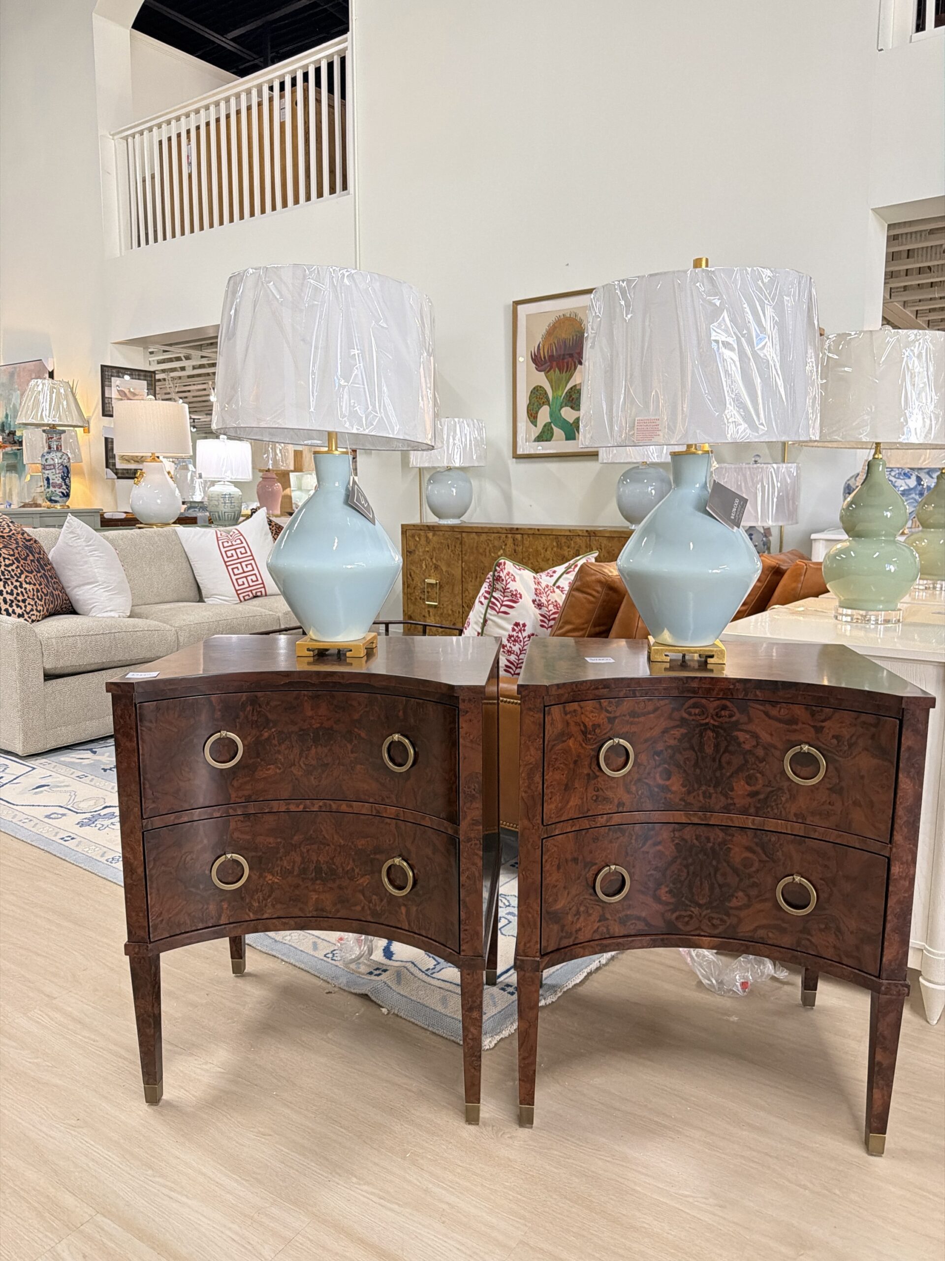 Curved two drawer light Burl night stand set dark