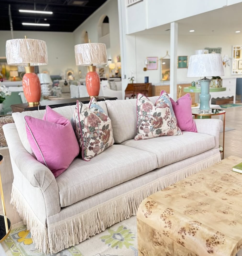 New | Grace massoud skirted 2 cushion sofa with bullion fringe in fabric - greenhouse latte - Spot clean