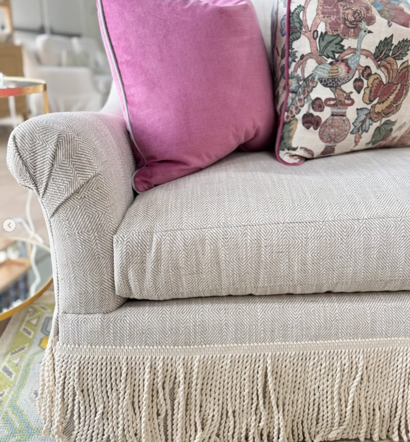 New | Grace massoud skirted 2 cushion sofa with bullion fringe in fabric - greenhouse latte - Spot clean - Image 2