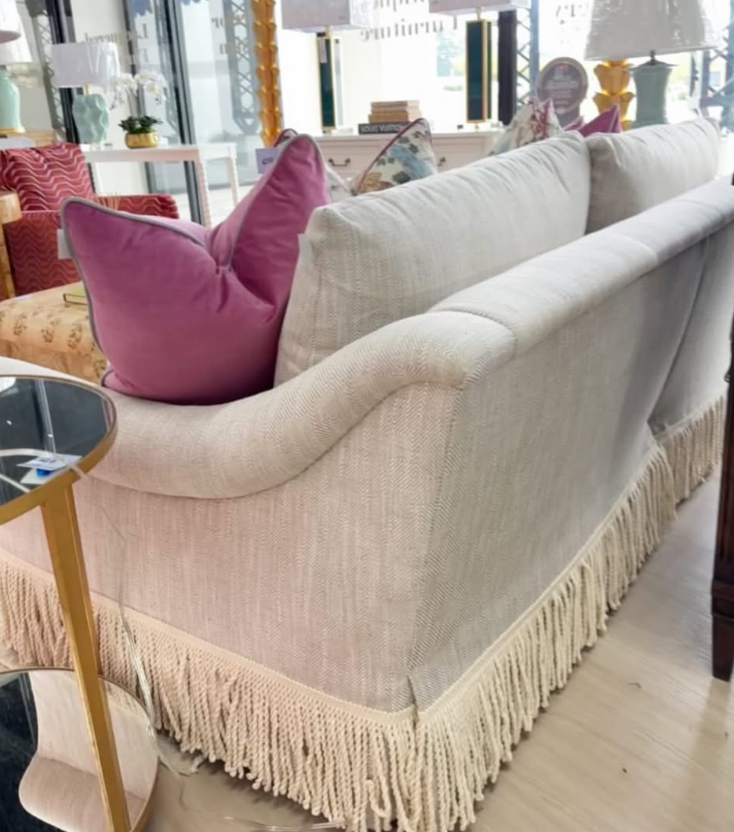 New | Grace massoud skirted 2 cushion sofa with bullion fringe in fabric - greenhouse latte - Spot clean - Image 3