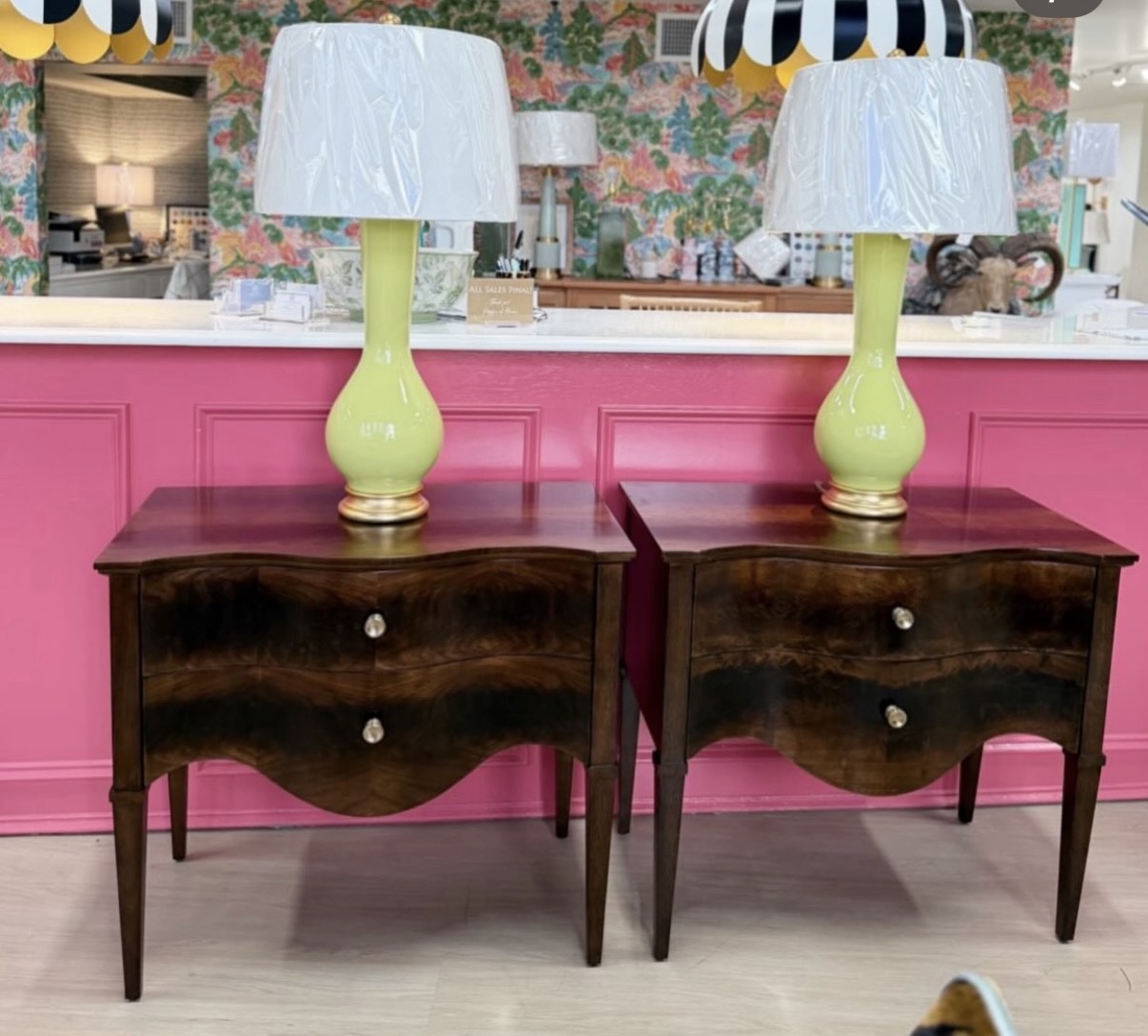 Wooden curved night stand set in burlwood ! $1600 each
