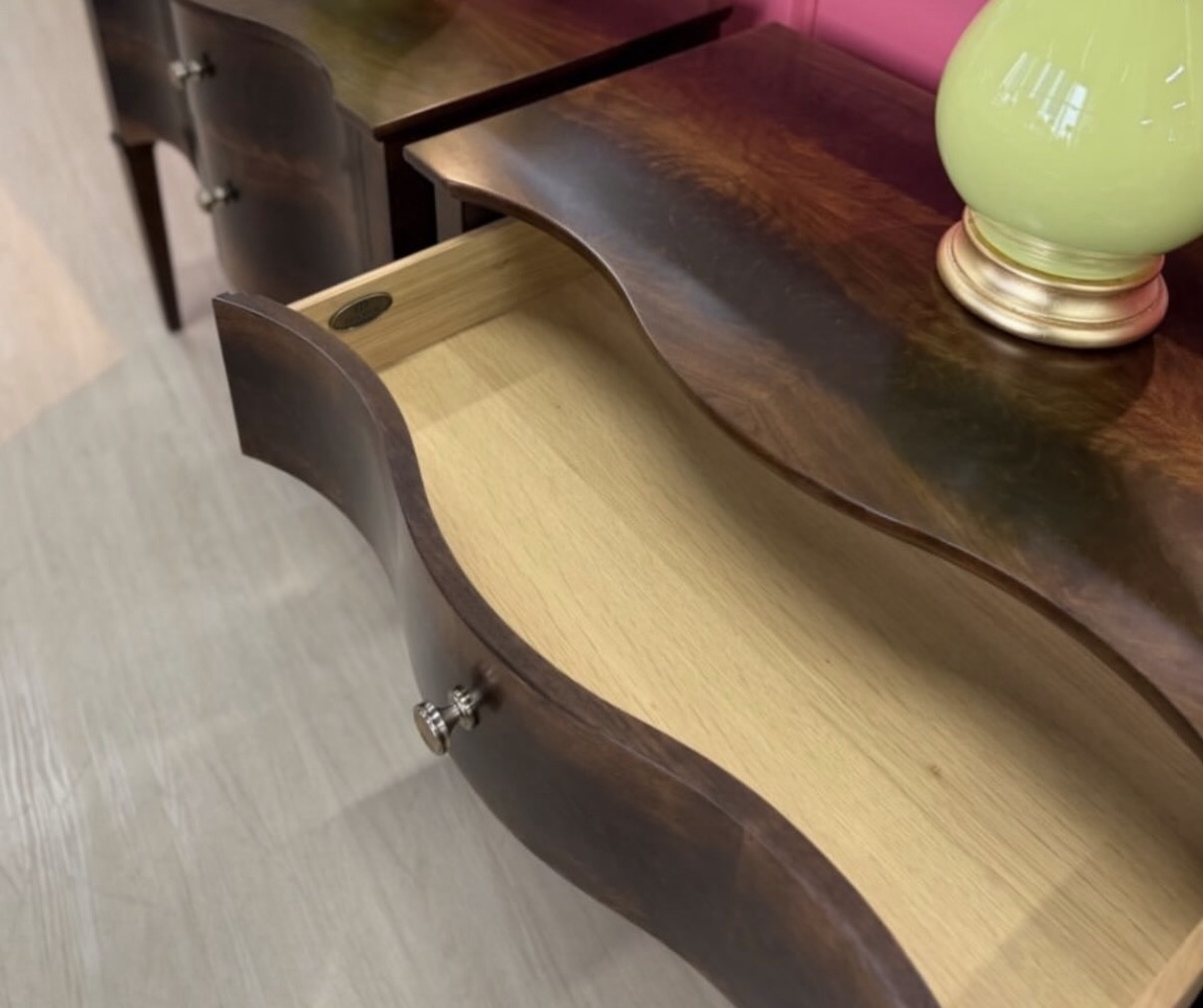 Wooden curved night stand set in burlwood ! $1600 each - Image 2